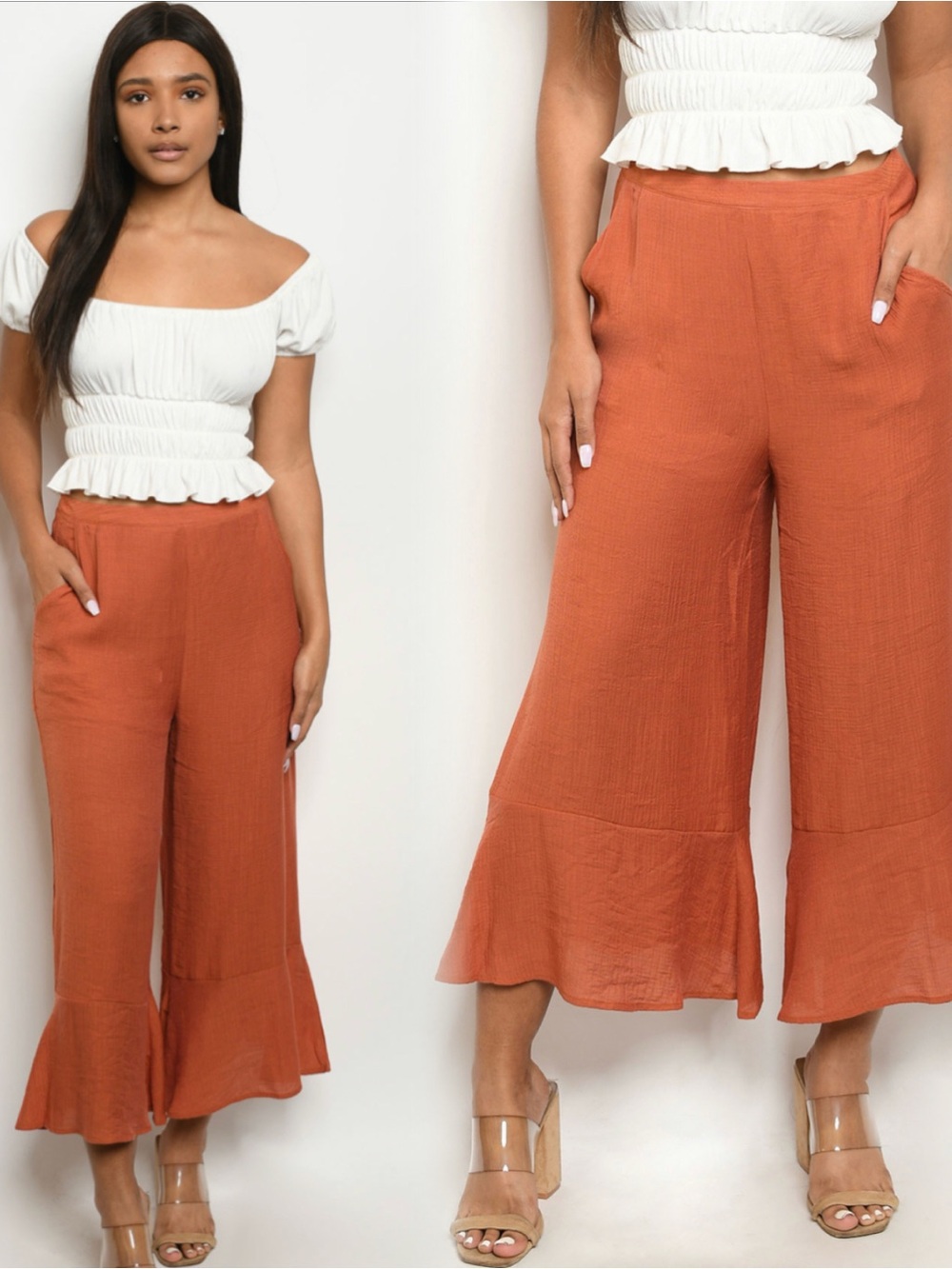 Women's Rust Ruffle-Hem Wide Leg Pants